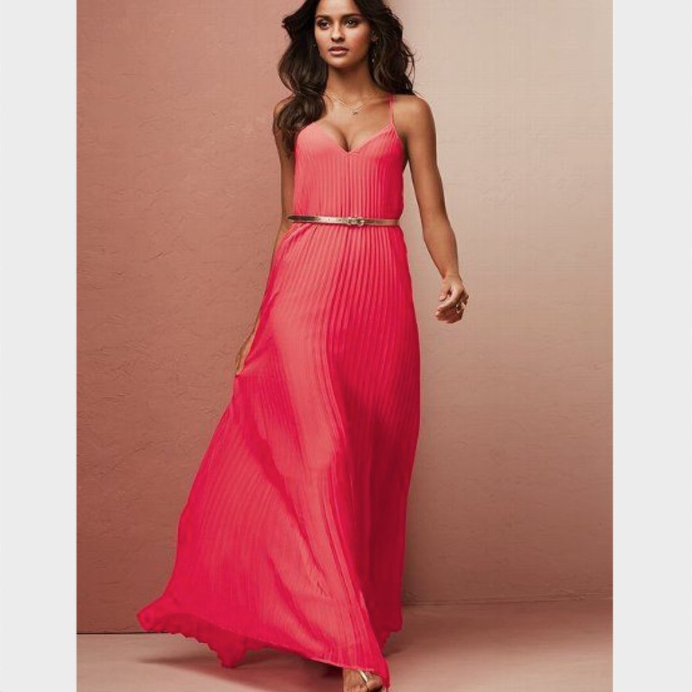 Victoria's Secret knife-pleat Maxi Dress, Neon Pink/Coral, Women's Size Small